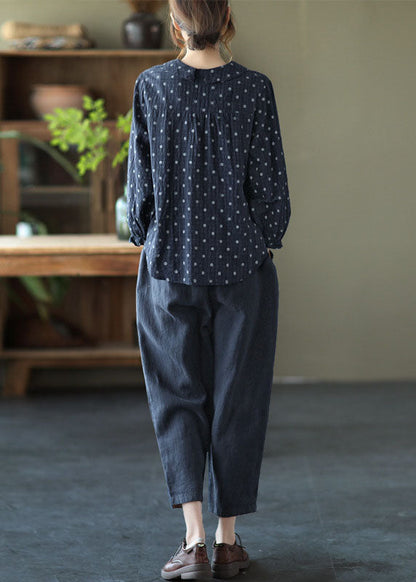 Frauen Grau Taste Rüschen Dot Herbst Hemd Tops Langarm