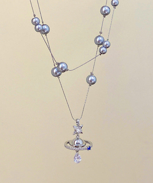Women Grey Copper Alloy Double-Layer Pearl Spaceship Pendant Necklace