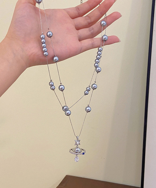 Women Grey Copper Alloy Double-Layer Pearl Spaceship Pendant Necklace