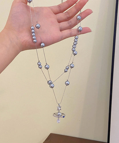 Women Grey Copper Alloy Double-Layer Pearl Spaceship Pendant Necklace