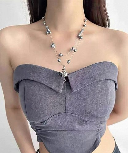 Women Grey Copper Alloy Double-Layer Pearl Spaceship Pendant Necklace