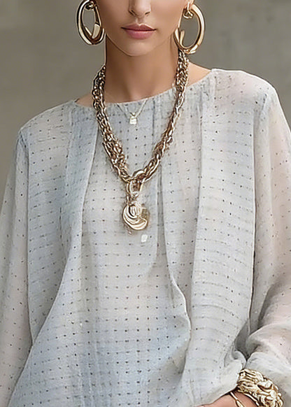 Women Grey Dot Print Top Lantern Sleeve