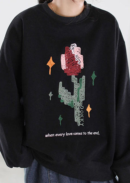 Women Grey Embroideried Graphic Warm Fleece Sweatshirt Winter