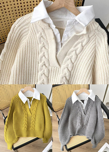 Women Grey False Two Pieces Patchwork Knit Pullover Spring