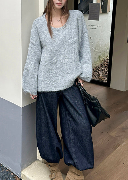 Women Grey Floral Jacquard Thic Knit Sweater Tops Winter