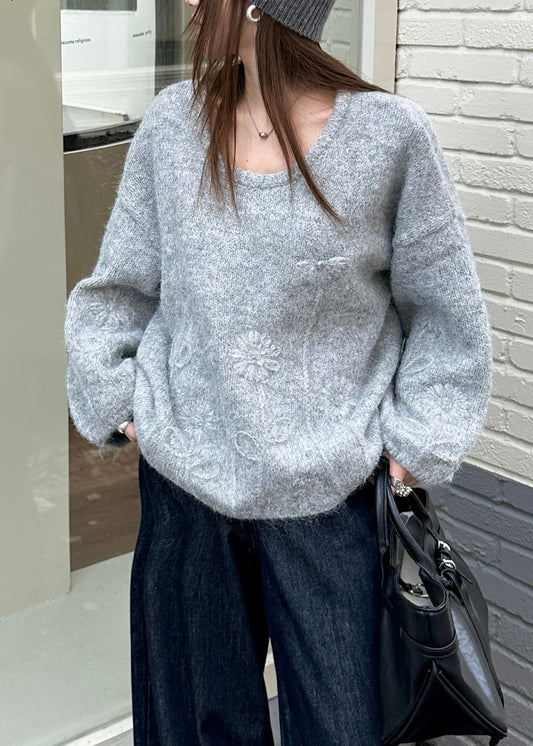 Women Grey Floral Jacquard Thic Knit Sweater Tops Winter