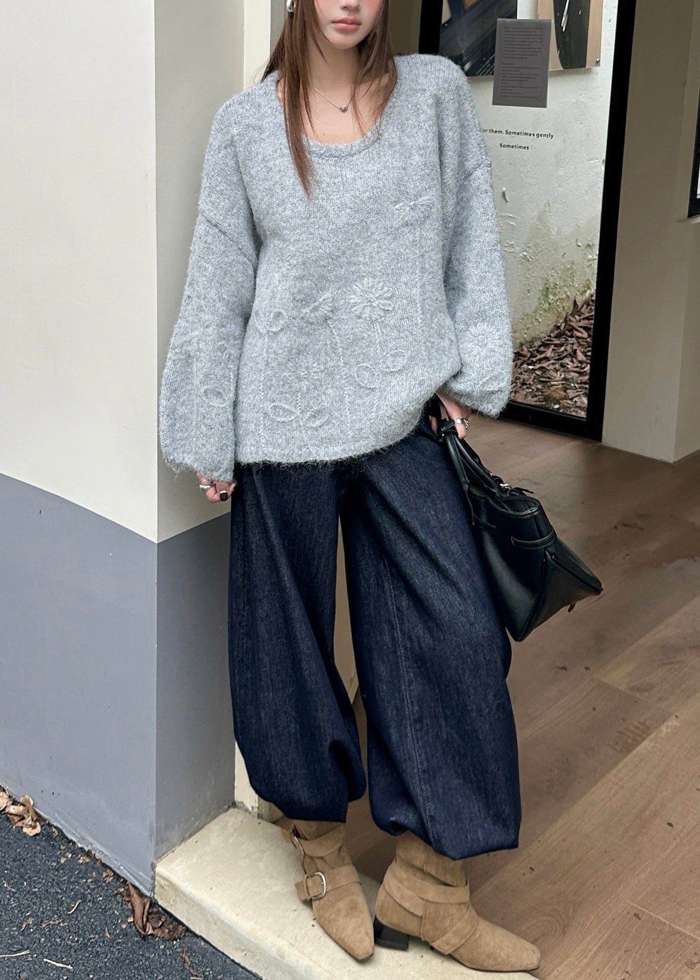 Women Grey Floral Jacquard Thic Knit Sweater Tops Winter