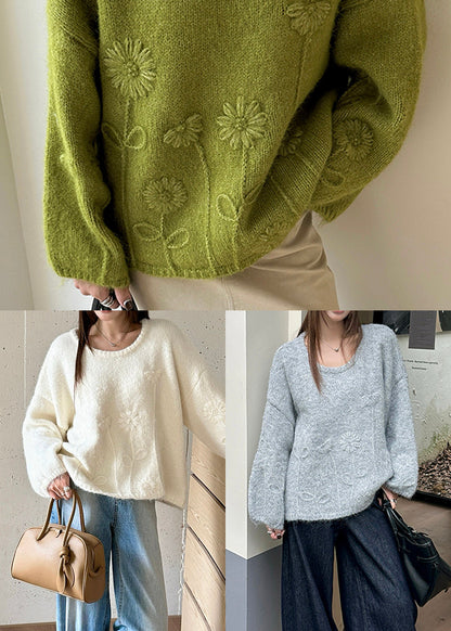 Women Grey Floral Jacquard Thic Knit Sweater Tops Winter