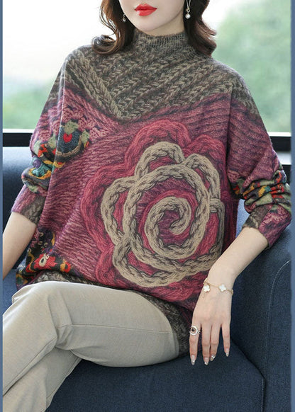 Frauen Grau High Neck Print Wolle Stricken Kurzen Pullover Winter