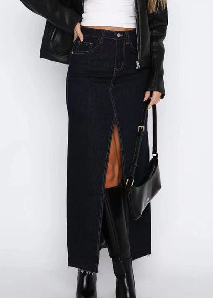 Women Grey High Waist Side Open Denim Skirts Summer