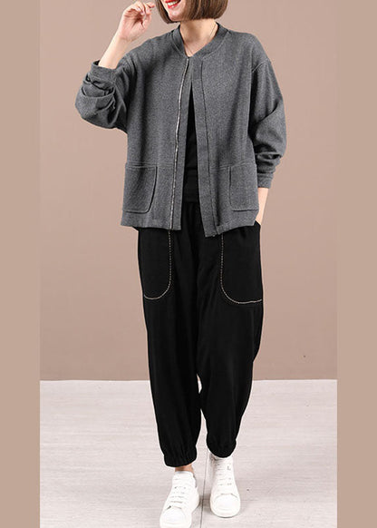 Frauen Grau Strick Reißverschluss Patchwork Herbst Langarm Jacken