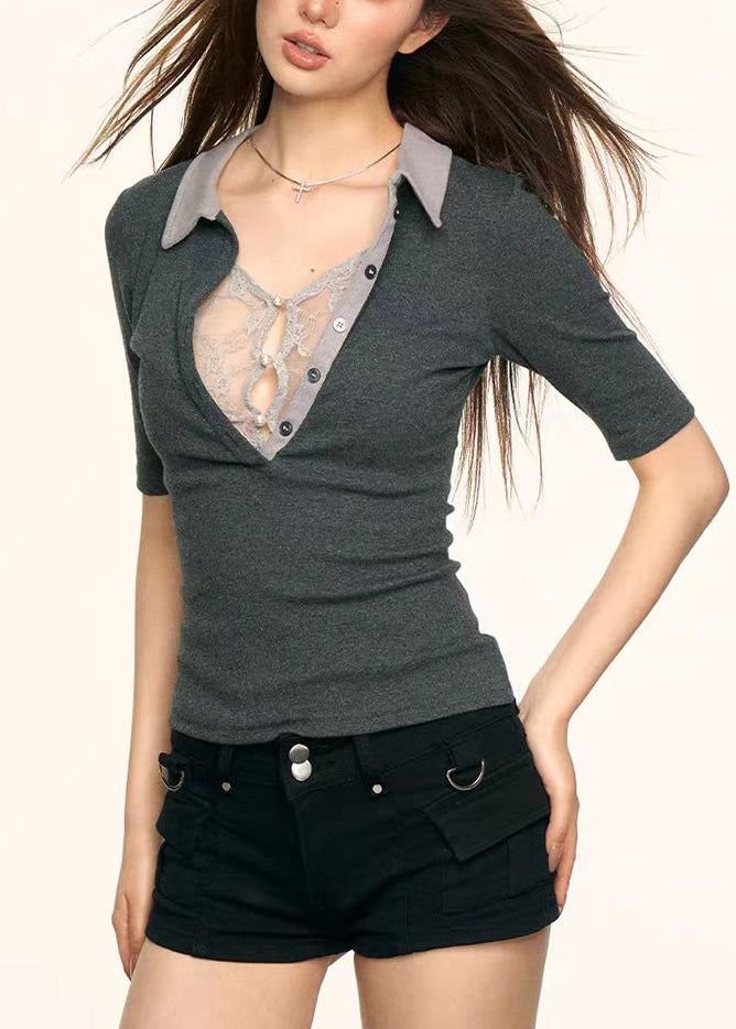 Damen Graues Baumwoll-T-Shirt mit Spitzenbesatz Sommer