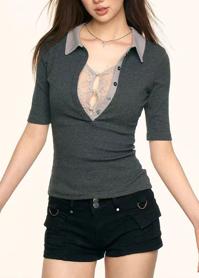 Damen Graues Baumwoll-T-Shirt mit Spitzenbesatz Sommer