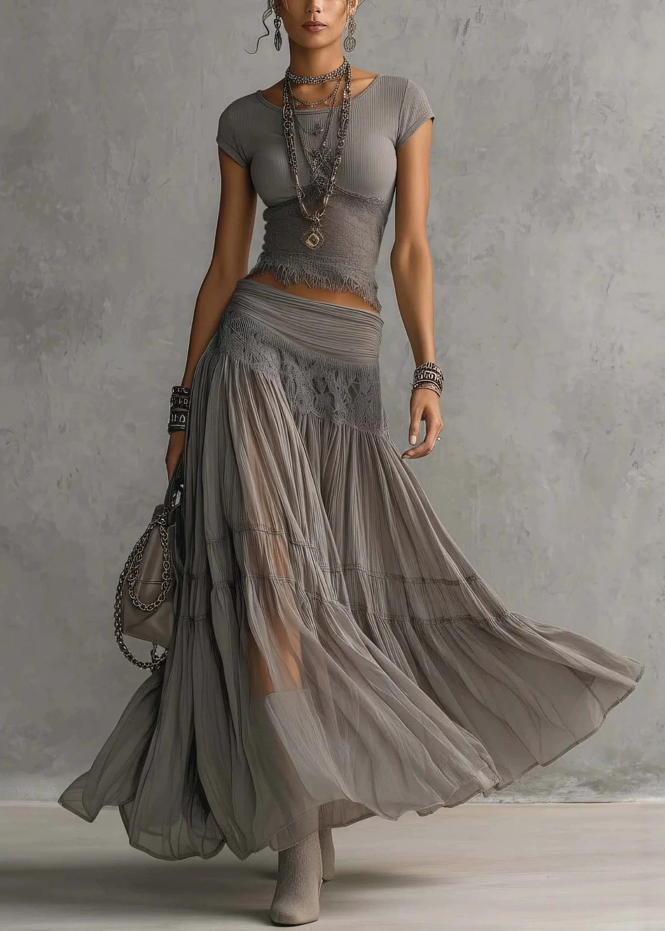 Women Grey Lace Patchwork Tops And Skirts Cotton Two Pieces Set Summer