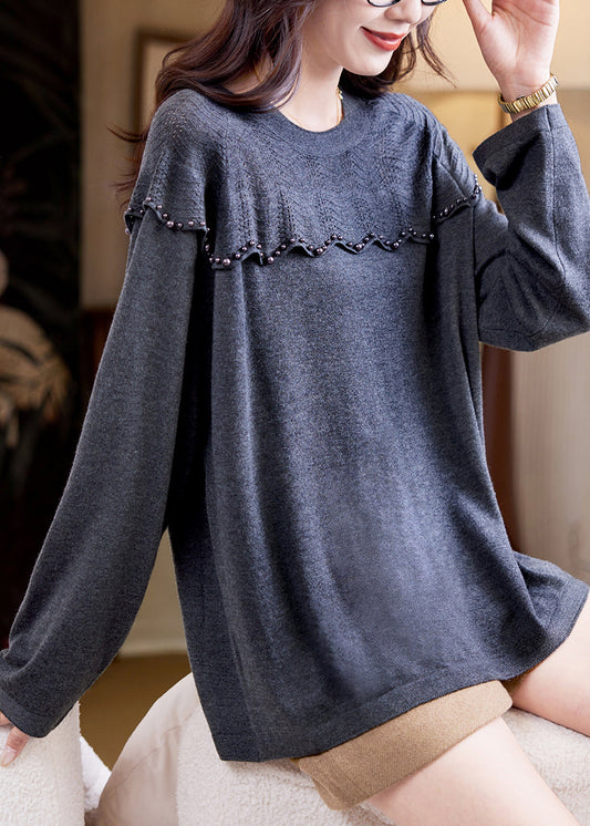 Women Grey Nail Bead Patchwork Knit Sweater Top Fall