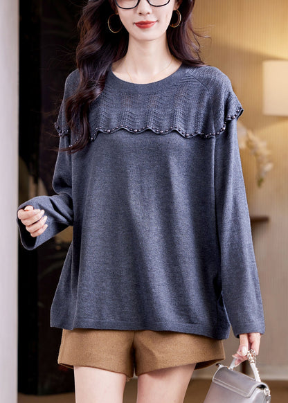 Women Grey Nail Bead Patchwork Knit Sweater Top Fall