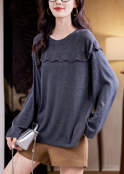Women Grey Nail Bead Patchwork Knit Sweater Top Fall