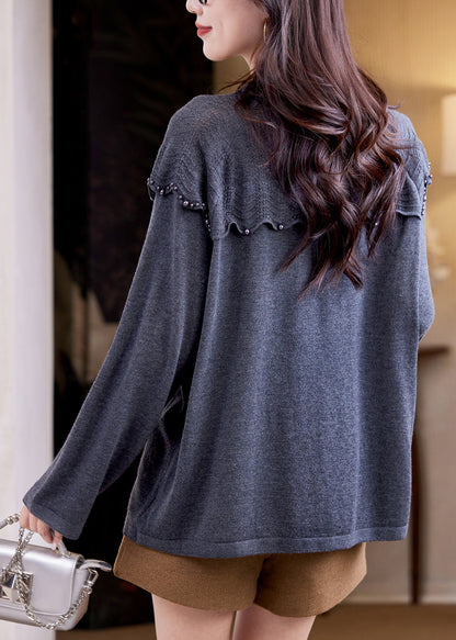 Women Grey Nail Bead Patchwork Knit Sweater Top Fall