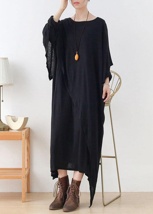 Women Grey O-Neck Patchwork Fall Cotton Dress - SooLinen