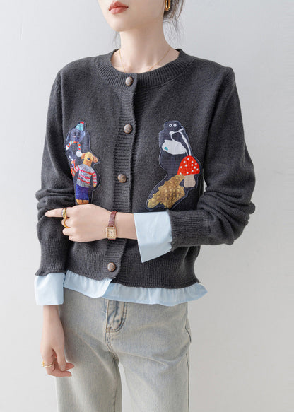 Women Grey Oversized Patchwork Knit Fake Two Piece Cardigan Winter