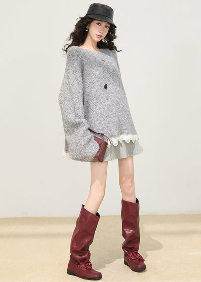 Suéteres de punto de patchwork de gran tamaño grises para mujer para invierno