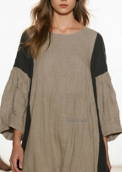 Graues, übergroßes Patchwork-Leinenkleid für Damen mit Armbandärmeln