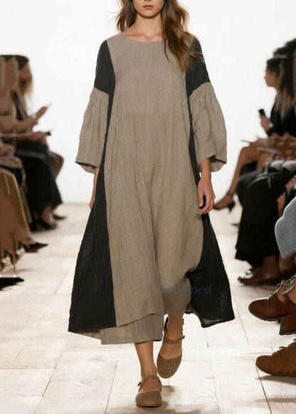 Graues, übergroßes Patchwork-Leinenkleid für Damen mit Armbandärmeln