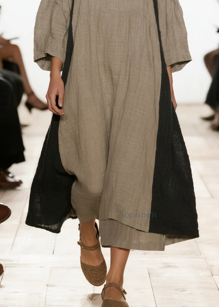 Graues, übergroßes Patchwork-Leinenkleid für Damen mit Armbandärmeln