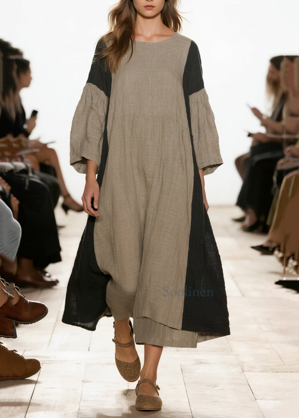 Graues, übergroßes Patchwork-Leinenkleid für Damen mit Armbandärmeln