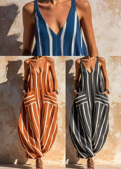 Women Grey Oversized Striped Cotton Overalls Jumpsuit Summer