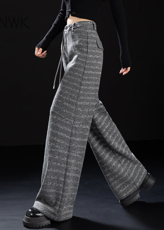 Women Grey Oversized Striped Woolen Straight Pants Winter