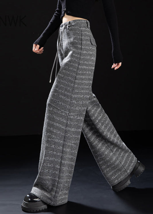 Women Grey Oversized Striped Woolen Straight Pants Winter