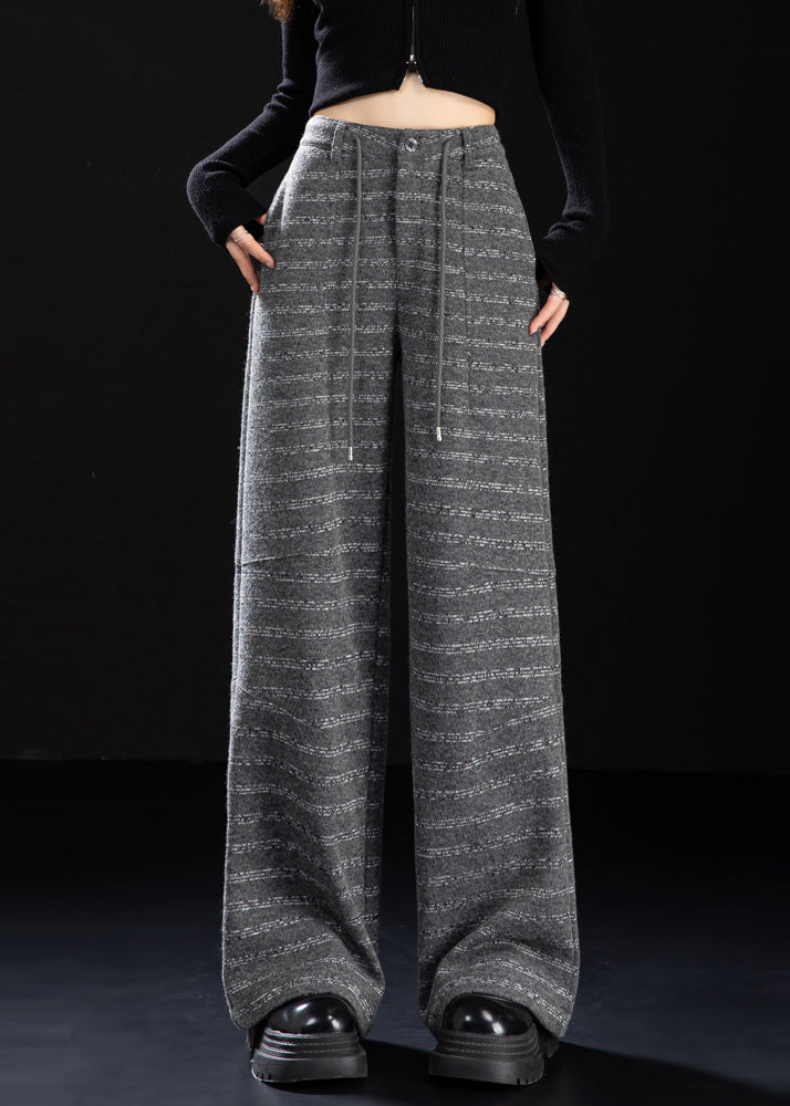 Women Grey Oversized Striped Woolen Straight Pants Winter