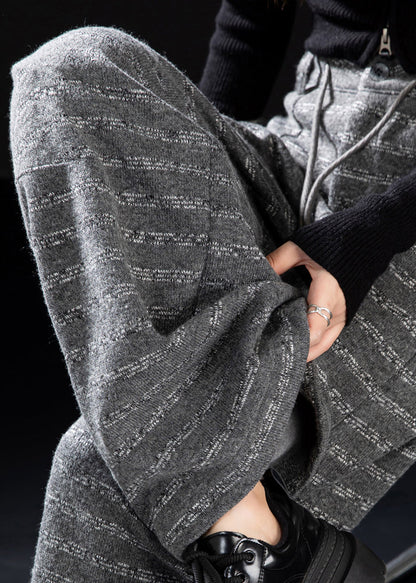 Women Grey Oversized Striped Woolen Straight Pants Winter