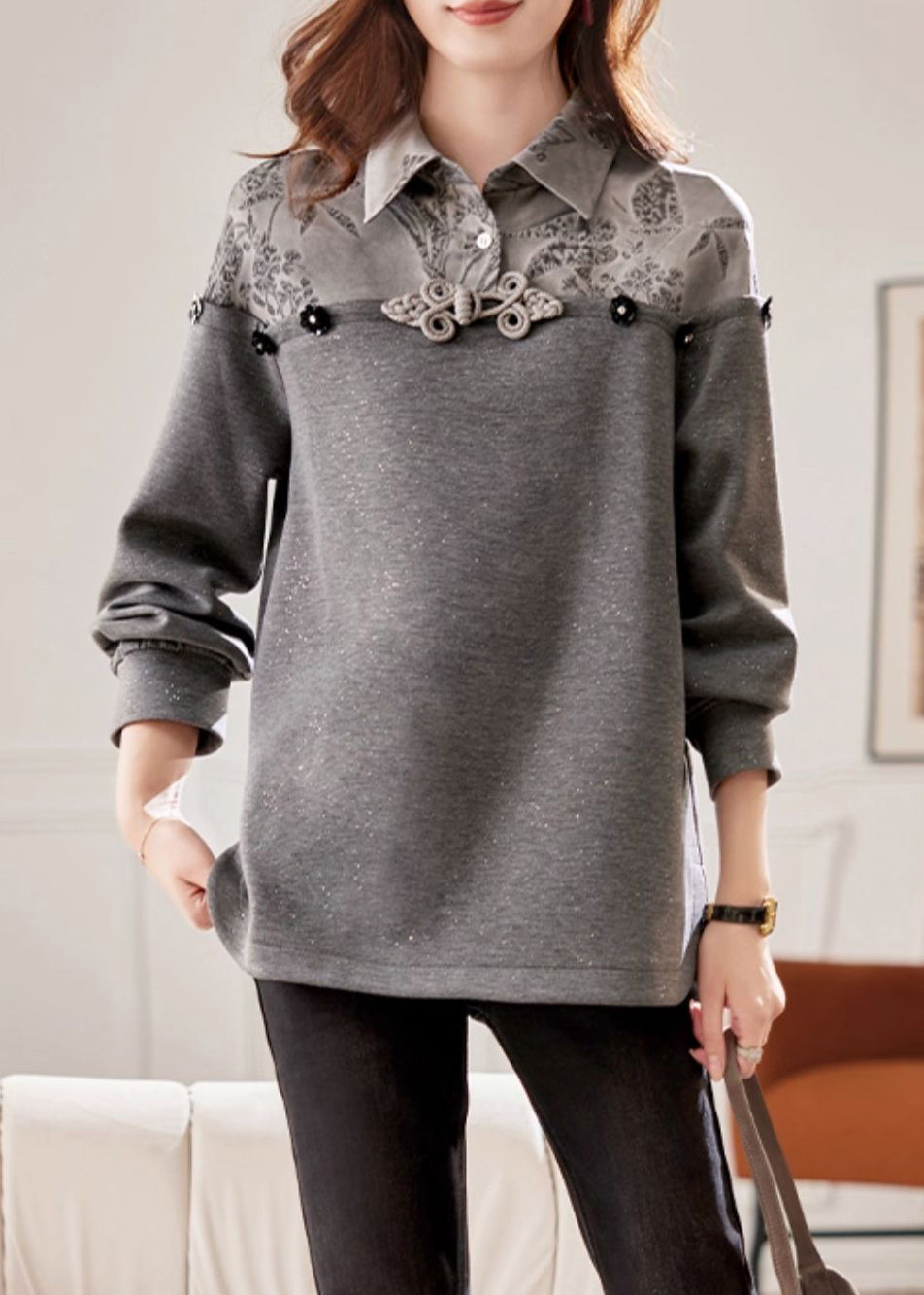 Women Grey Peter Pan Collar Patchwork Cotton Sweatshirts Spring