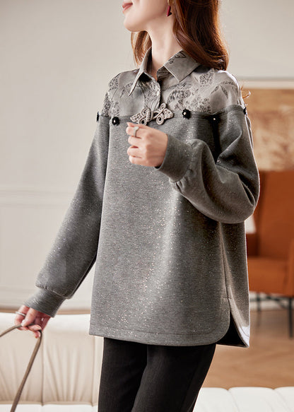 Women Grey Peter Pan Collar Patchwork Cotton Sweatshirts Spring