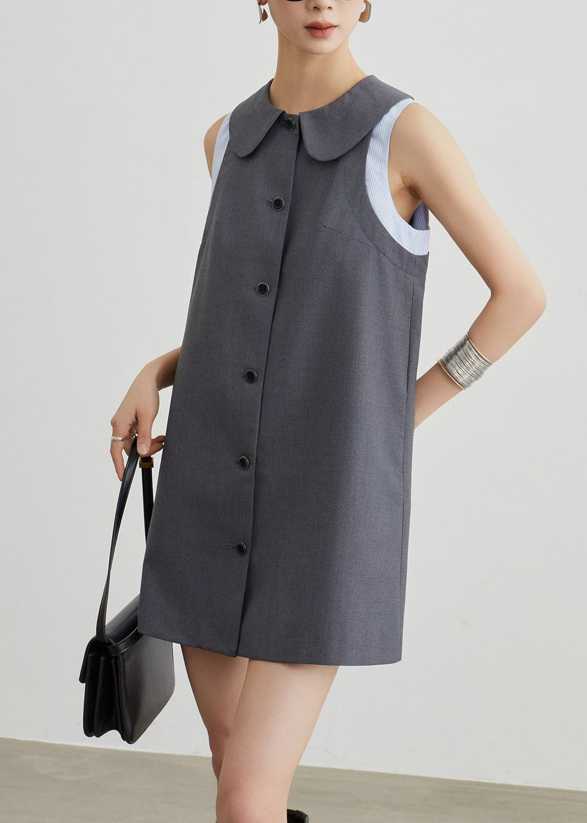Women Grey Peter Pan Collar Patchwork Cotton T Shirt Dresses Sleeveless