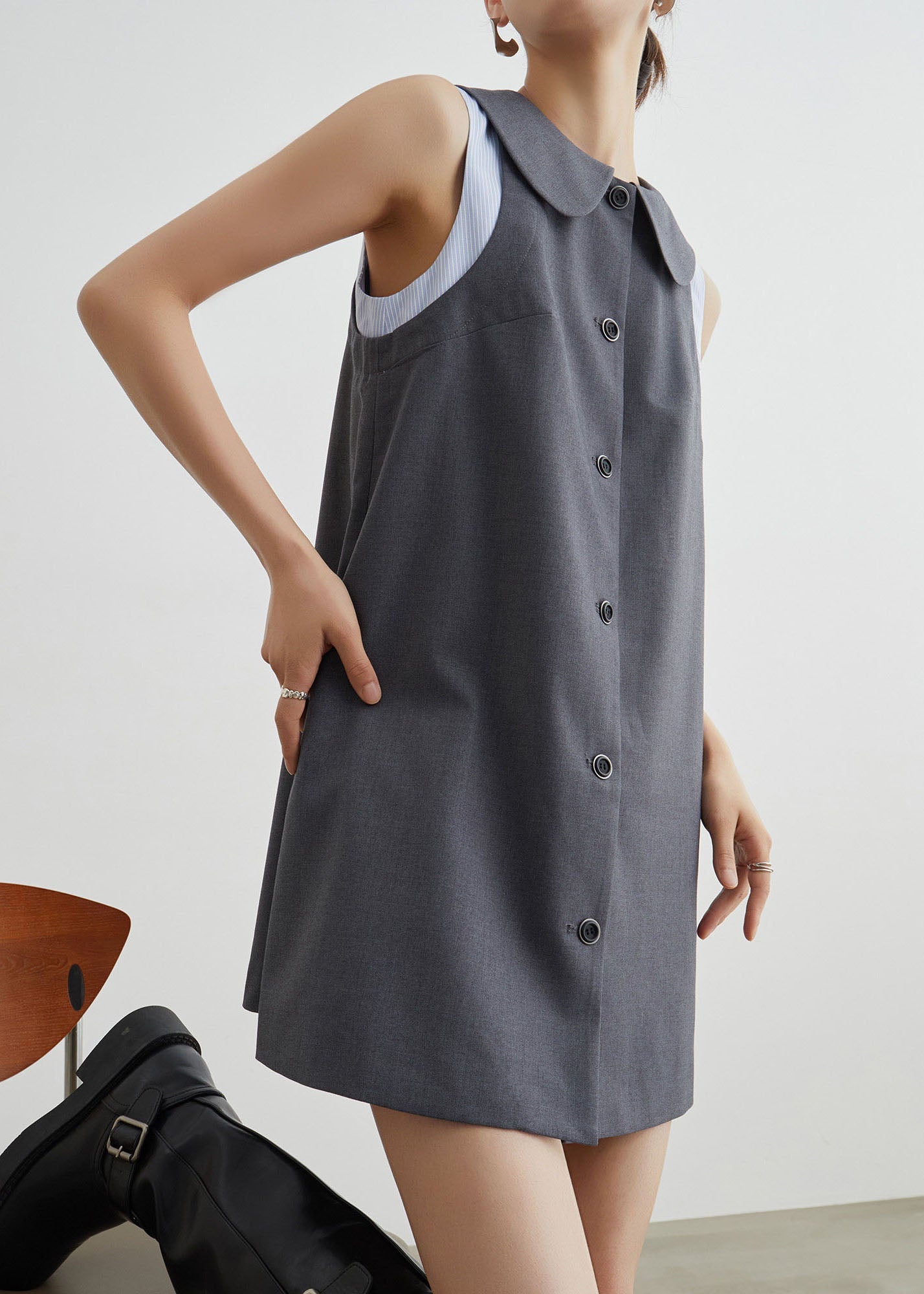 Women Grey Peter Pan Collar Patchwork Cotton T Shirt Dresses Sleeveless