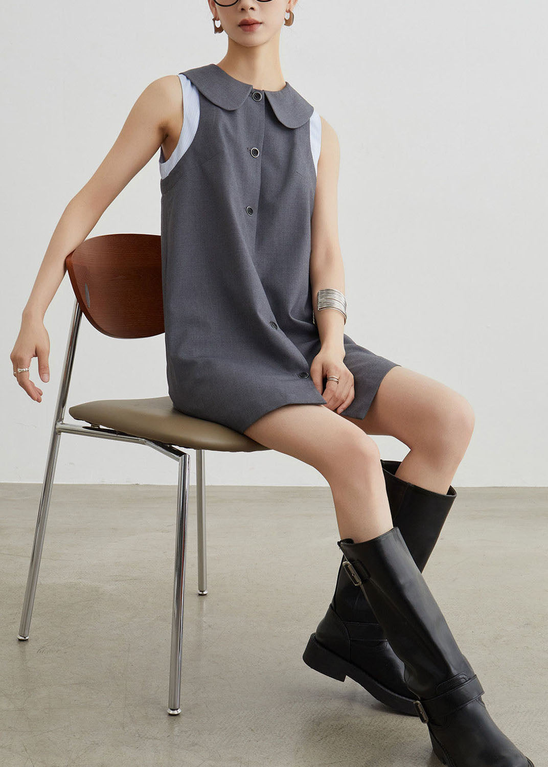 Women Grey Peter Pan Collar Patchwork Cotton T Shirt Dresses Sleeveless