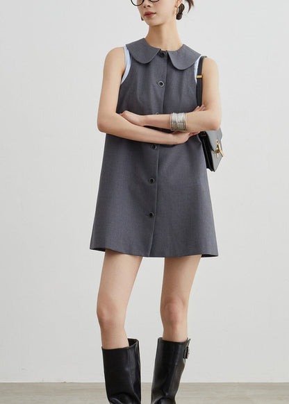 Women Grey Peter Pan Collar Patchwork Cotton T Shirt Dresses Sleeveless