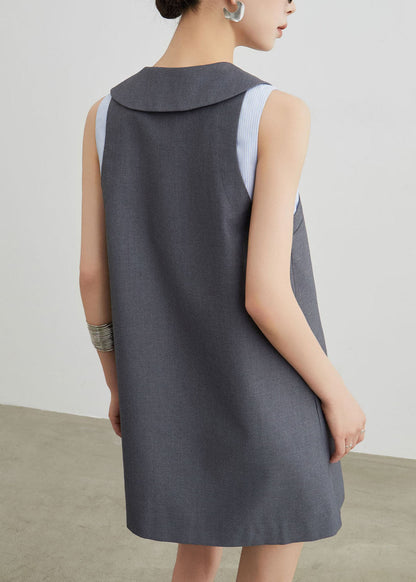Women Grey Peter Pan Collar Patchwork Cotton T Shirt Dresses Sleeveless
