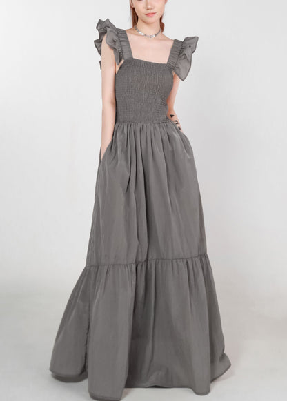 Frauen Grau Taschen Hohe Taille Baumwolle Langes Kleid Sommer