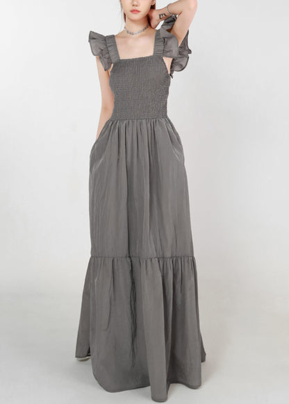 Frauen Grau Taschen Hohe Taille Baumwolle Langes Kleid Sommer