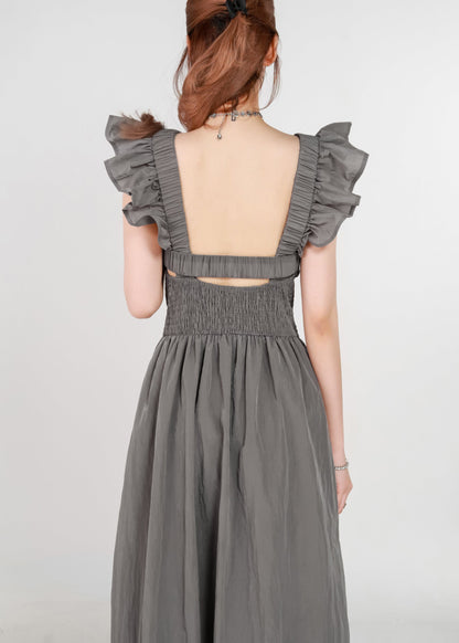Frauen Grau Taschen Hohe Taille Baumwolle Langes Kleid Sommer