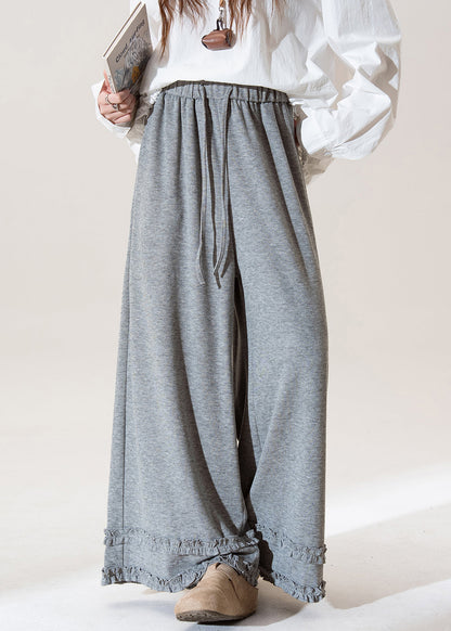 Pantalones anchos de algodón con cintura elástica y volantes grises para mujer, primavera