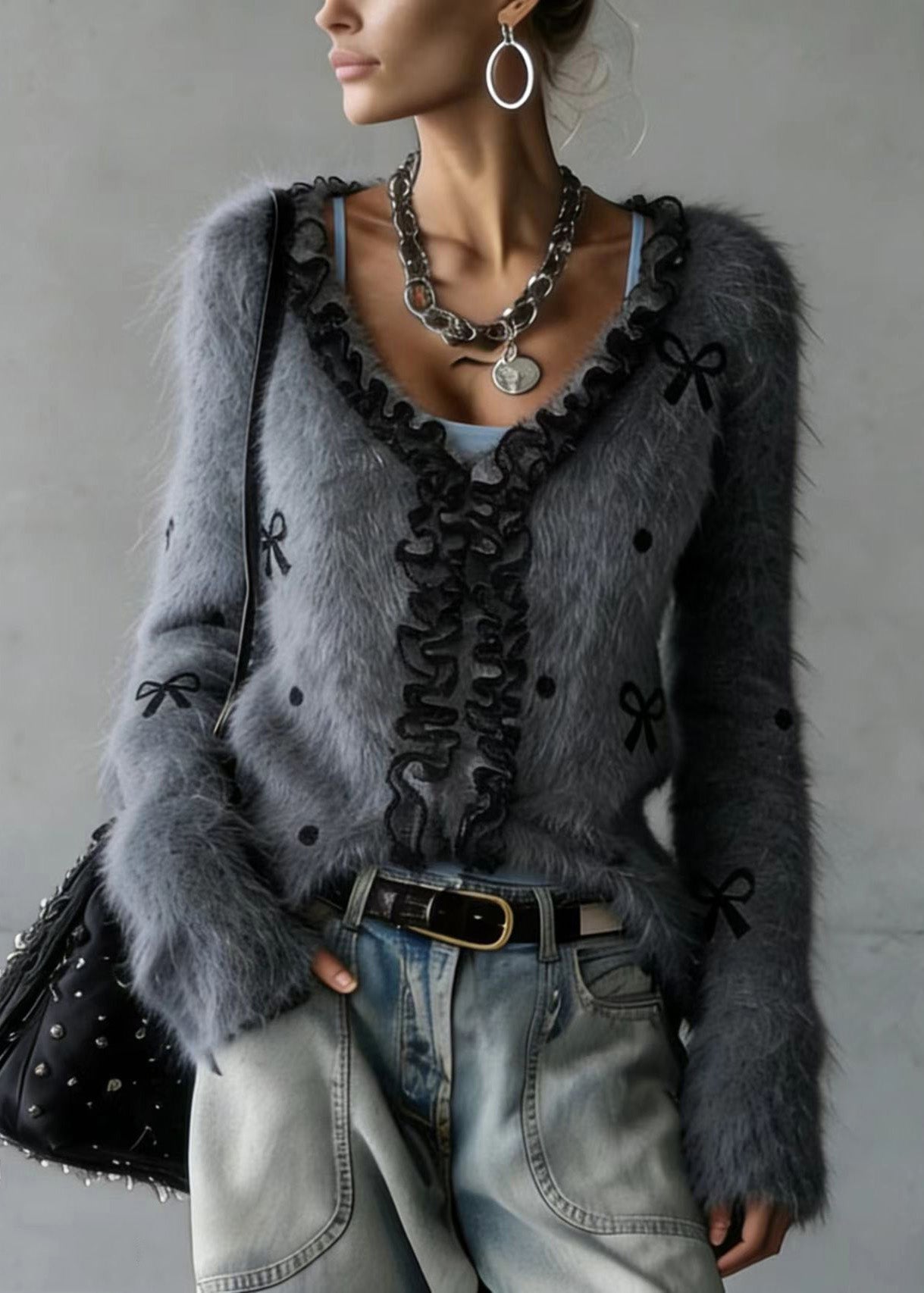 Women Grey Ruffled Patchwork Faux Fur Fluffy Knitted Top Spring