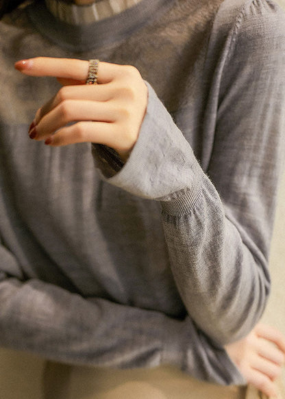 Frauen Grau Rüschen Patchwork Aushöhlen Stricken Shirts