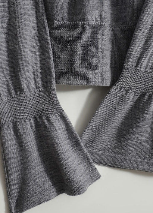 Frauen Grau Rüschen Patchwork Aushöhlen Stricken Shirts