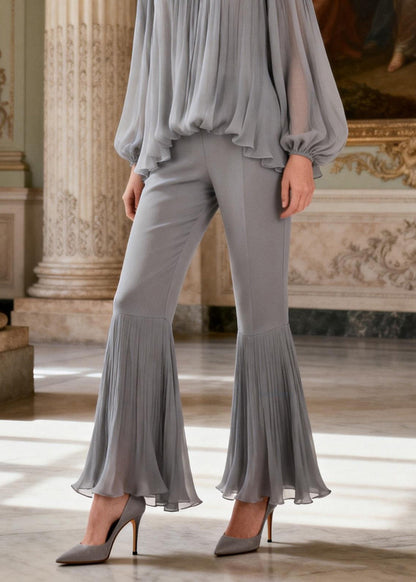 Women Grey Ruffled Patchwork Linen Silk 2 Piece Outfit Spring