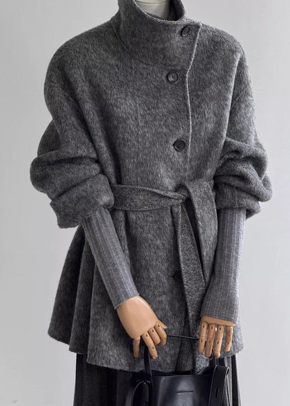 Women Grey Stand Collar Tie Waist Woolen Coats Fall